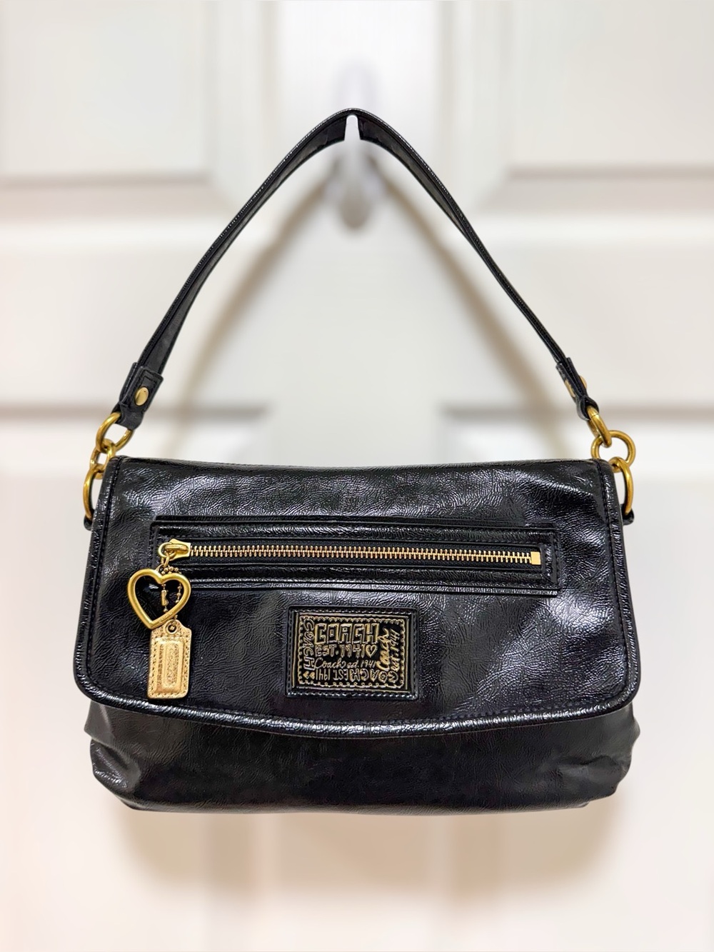 Coach Poppy Glam Flap Shoulder Bag Black Patent Leather Crossbody F20030